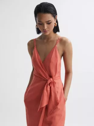 Petite Linen Side Tie Midi Dress in Coral