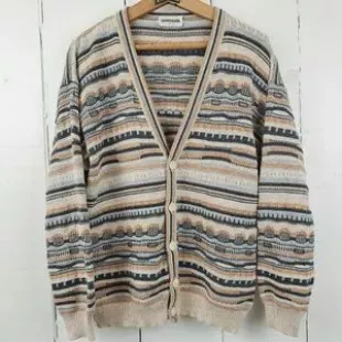 1980s Size Large Cardigan Cream Grey Crazy Knit Paris Academia Grunge Skater Unisex Mens 80s Stripes Wavy Textured Jumper