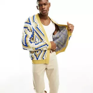 knitted open cardigan with aztec boucle texture in yellow