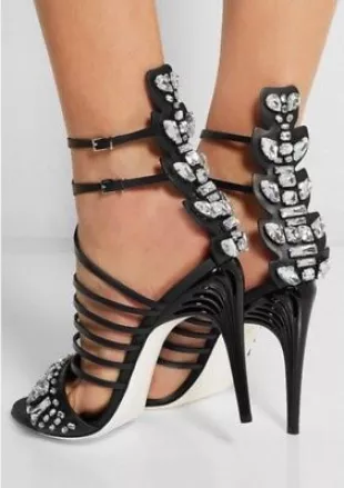 Crystal Crocodile Black Leather Sandal Heels