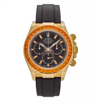 Daytona 116588SACO Yellow Gold Orange Sapphire Bezel Black Diamond Dial