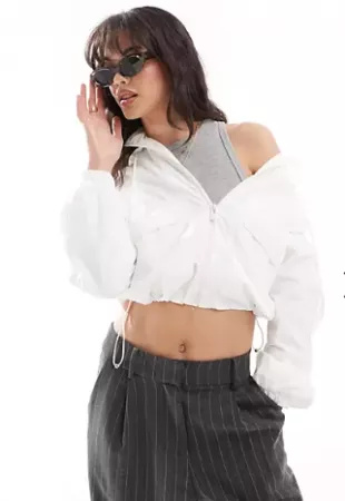 Boxy Nylon Look Hooded Jacket in White