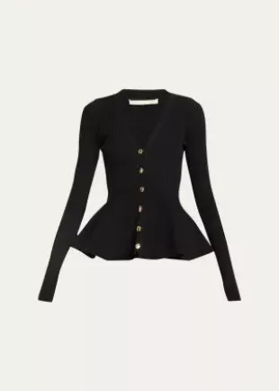 Jason Wu Collection - Ribbed Peplum Cardigan with Gold-Tone Buttons