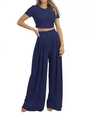 Cosonsen - 2 Piece Sets Casual Crop Tops High Waist Wide Leg Pants ...