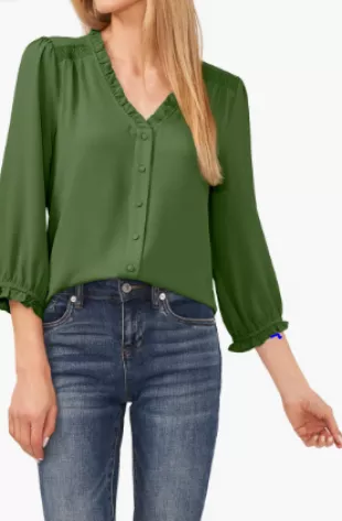 cece - Ruffle V-Neck Blouse in Alpine Green