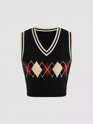 Knit Argyle Plaid Crop Vest