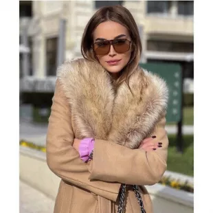 Fur Collar Wool Blend Belted Coat Tan