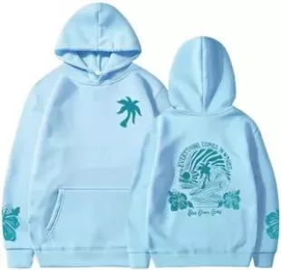 Everything Comes in Waves Trendy Hoodie Women's Chasing Sunsets Long Sleeve Pullover Beach Sweatshirt (S, Light Blue Coconuts)