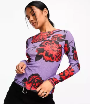 Long Sleeve Top In Rose Print