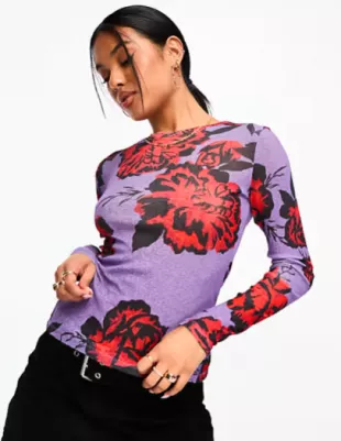 Long Sleeve Top In Rose Print