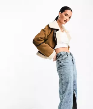 Cropped Aviator Jacket With Contrast Piping In Tan