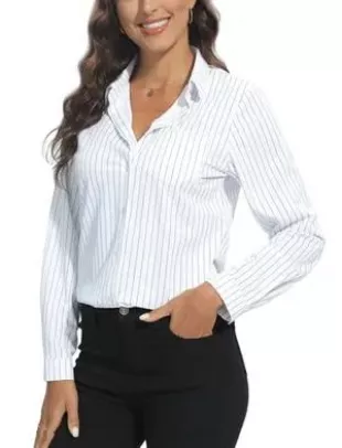 Womens Striped Button Down Shirts Classic Fit Long Sleeve Collared Office Work Blouses Tops Wrinkle Free (White Pinstripe, L)