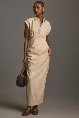 By Anthropologie Cap sleeve V neck Ruched Slim Midi Dress worn by Kimmer Madison Garland Paulina Bugembe as seen in Emperor of Ocean Park S01E06 Spotern