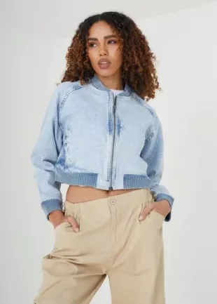 Blue Light 'Zella' Cropped Denim Bomber Jacket