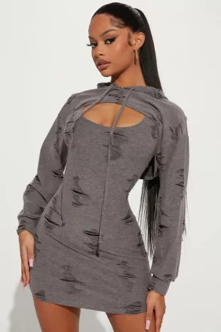 Fashion Nova Looking Distressed Sweatshirt Mini Dress - Grey worn by Malika  'Kold' Wise (Sh'kia Shonaye Dennis) as seen in Kold x Windy (S02E03) |  Spotern