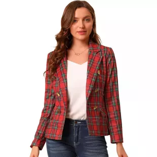 Notched Lapel Double Breasted Plaid Formal Blazer Jackets
