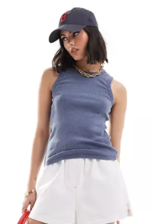 Ribbed Jersey Tank Top in Washed Blue