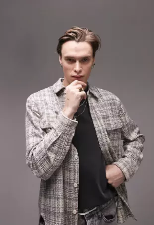 Long Sleeve Regular Check Boucle Overshirt in Ecru