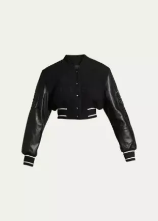 Mixed-Media Logo-Embroidered Crop Bomber Jacket