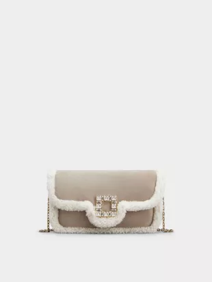 Shearling Strass Buckle Clutch Bag in Suede