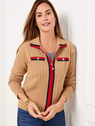 Cable Knit Sweater in Toasted Coconut/Indigo