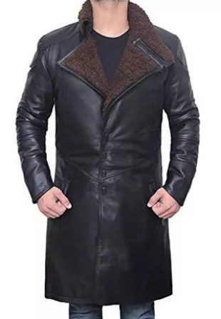 Black Shearling Leather Trench Coat Mens Jacket
