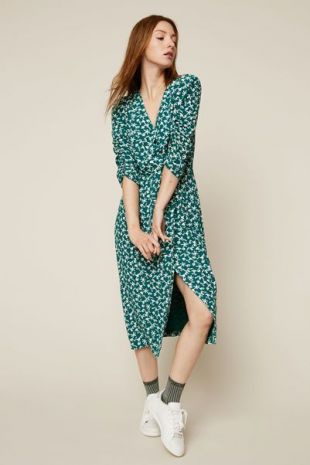 Robe mi longue fendue imprimé floral vert