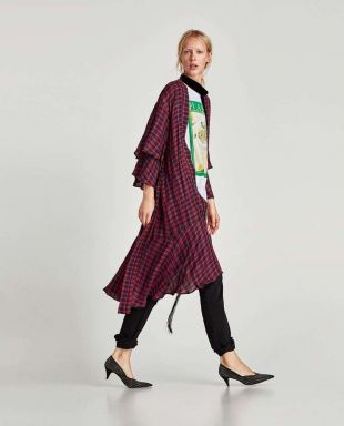 New Zara Checked Kimono with Ruffle Sleeves   Dipped Hem Size M/L | eBay