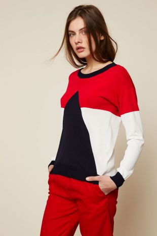 Pull fin marine/blanc/rouge