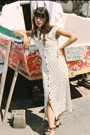 Zara - Linen Blend Polka Dot Midi Dress Zara - Linen Blend Polka Dot Midi Dress