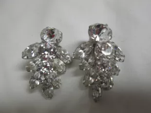 Beautiful Large Rhodium Plated Eisenberg Ice Clip Earrings Rhinestones Signed Jewelry Wedding Evening Jewelry Special Occasion | Carol's True Vintage and Antiques