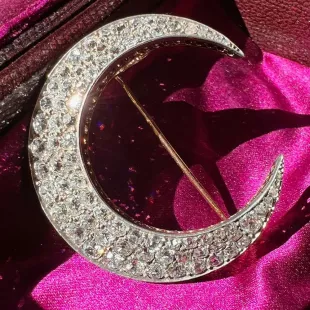 Edwardian Old Mine Cut Diamond French Crescent Moon Brooch