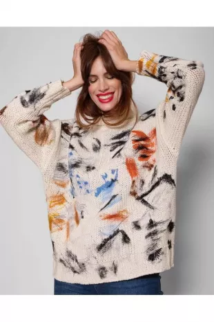 Cashmere ivory sweater with chimney collar, long and wide sleeves and colorful handmade embroidery for women