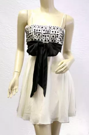 CREAM/BLACK  BEADED SASH TIE SILK STRAP DRESS