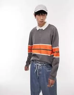 Polo de rugby rayé en maille - Anthracite et orange-Multicolore