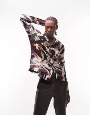 long sleeve viscose revere shirt in painted print-Multi