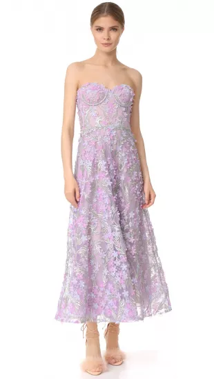 3d Embroidered Strapless Tea Length Gown In Lilac