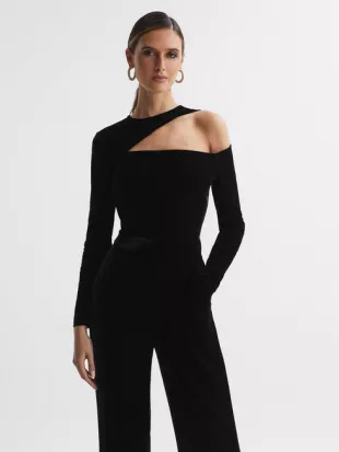 Petite Velvet Off-The-Shoulder Jumpsuit in Black