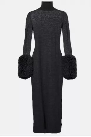 Faux Shearling-trimmed Virgin Wool Midi Dress