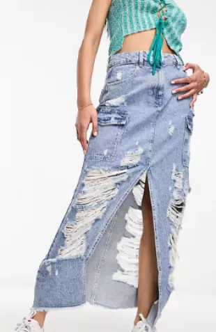 Extreme Ripped Denim Cargo Skirt in Light Wash Blue