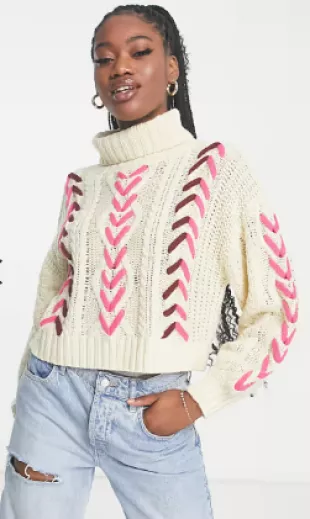 Stitch Detail Roll Neck Sweater in Multi