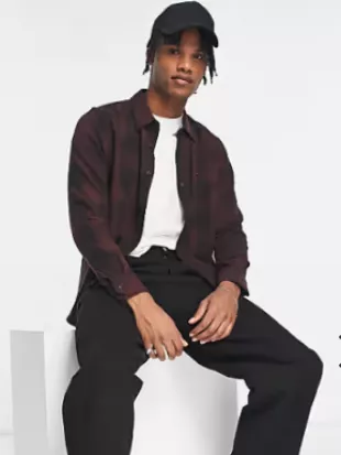 Leesure Check Twill Flannel Shirt Regular Fit in Burgundy