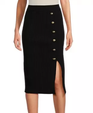 Betylou Button Trim Front Slit Knit Knee Length Pull-On Pencil Skirt