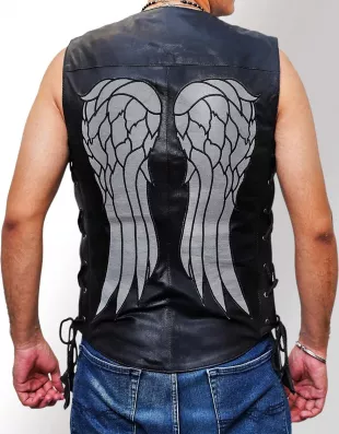 Men’s Walking Dead Handmade Black Daryl Dixon Angel Wings Genuine Leather Vest