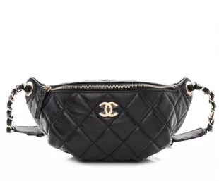 Lambskin Quilted Waist Bag Fanny Pack Black