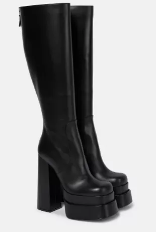 Knee-High Platform Boots in Black Leather