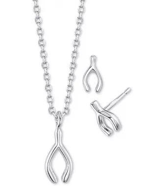 2-Pc. Set Mini Wishbone Pendant Necklace & Stud Earrings In Silver