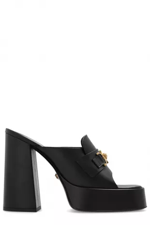 Medusa Buckle Leather Platform Mules