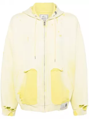 Yellow Faded Ripped Pocket Zip Hoodie