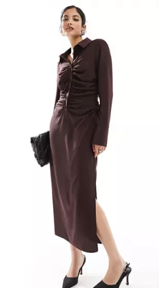 Slinky Ruched Waist Midi Shirt Dress in chocolate